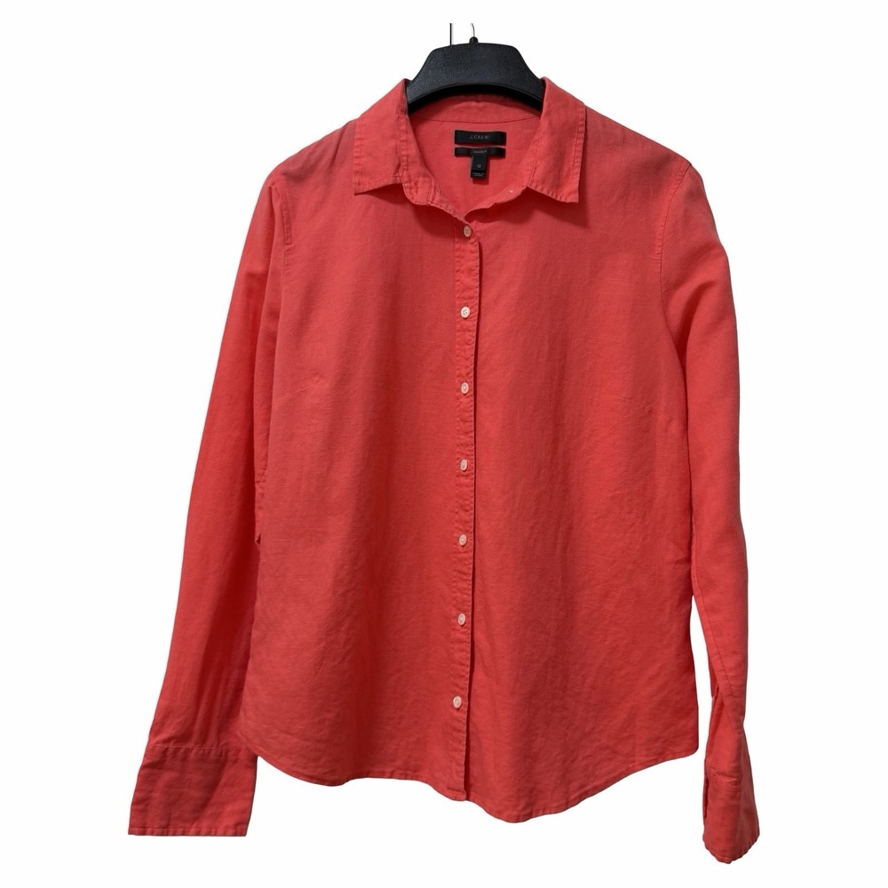 J Crew Womens Perfect Classic Linen Button Up Shirt Size 12 Salmon Pink Beachy